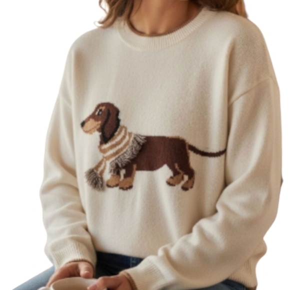 Calligraphie Sweaters - Calligraphie Dachshund Dog Intarsia Knit Crew Neck Sweater Cream Brown Medium